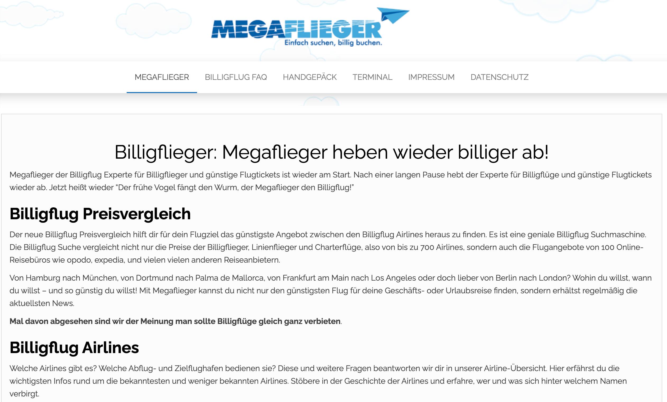 Screenshot von Megaflieger.de